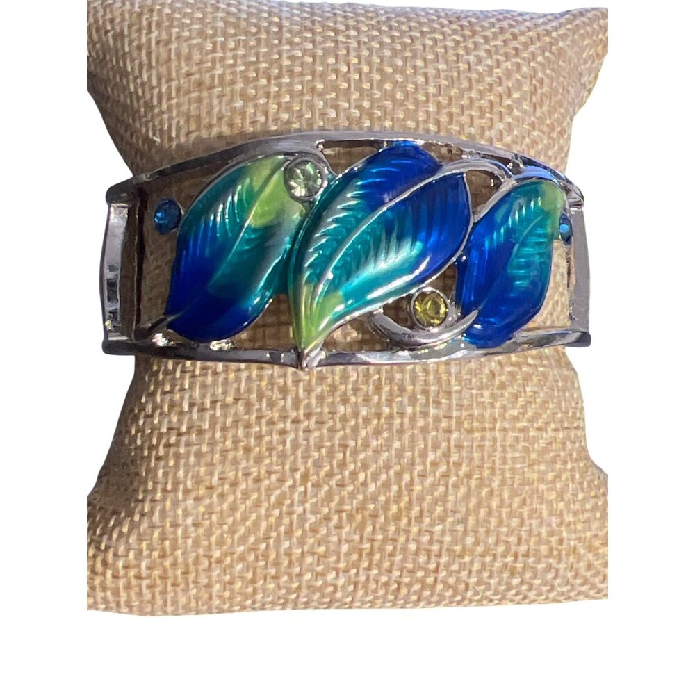 Silver Tone Clamper Bracelet Blue Green Enamel Leaves Rhinestones 6.75" NWOT